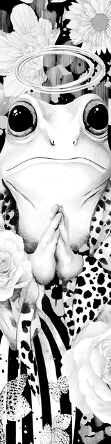 Free printable frog bookmark to color featuring a praying frog with a halo